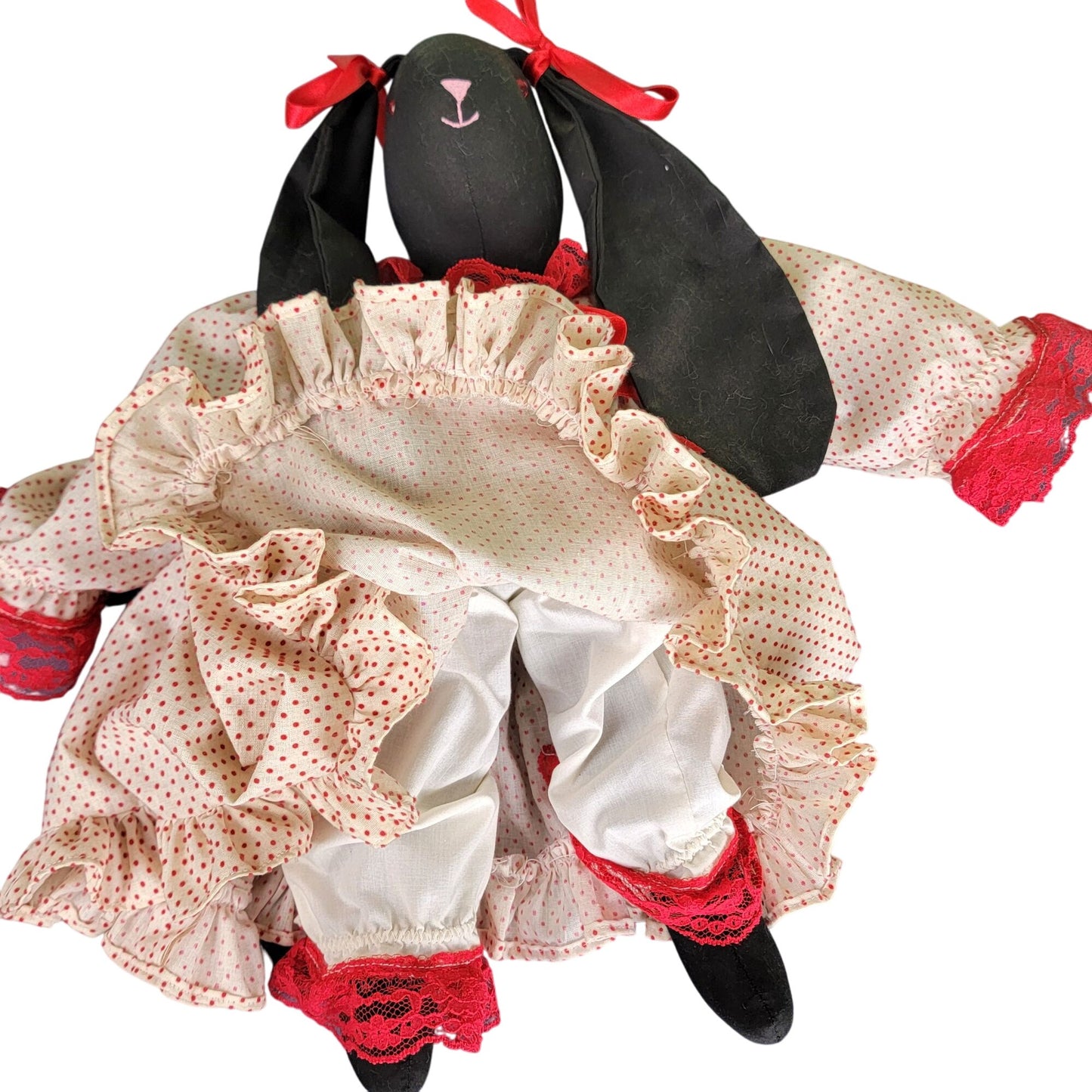 Vintage 80s Handmade Rabbit Stuffed Animal Red Black Ruffle