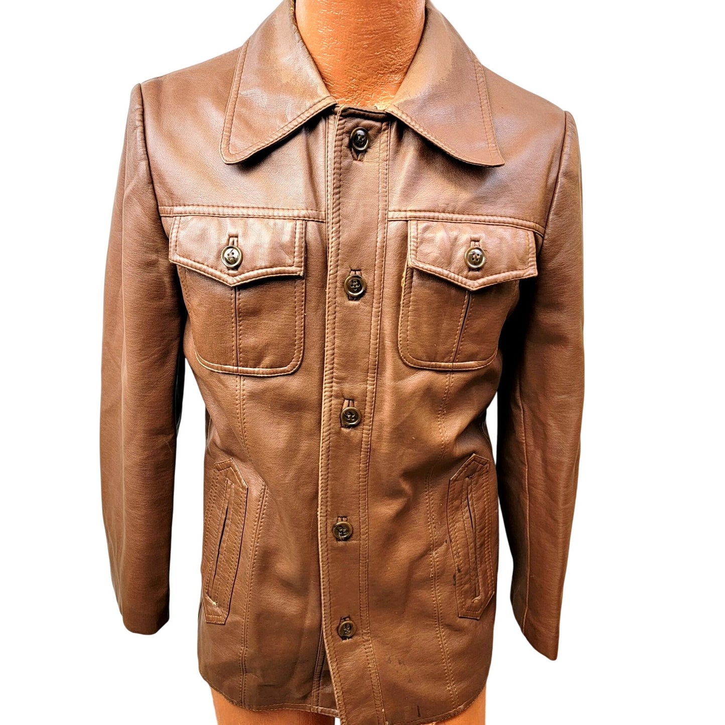 Vintage 70s Vegan Leather Jacket Men Small Brown Point Collar Casual Retro Fall