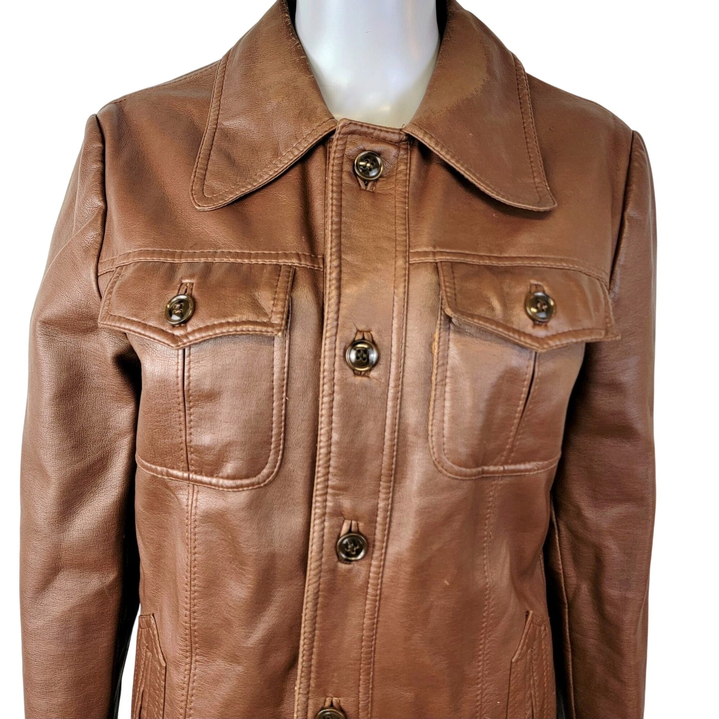Vintage 70s Vegan Leather Jacket Men Small Brown Point Collar Casual Retro Fall