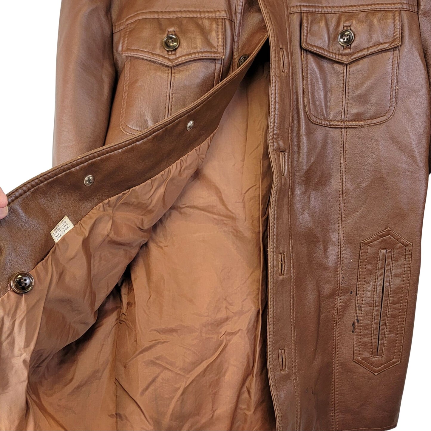 Vintage 70s Vegan Leather Jacket Men Small Brown Point Collar Casual Retro Fall