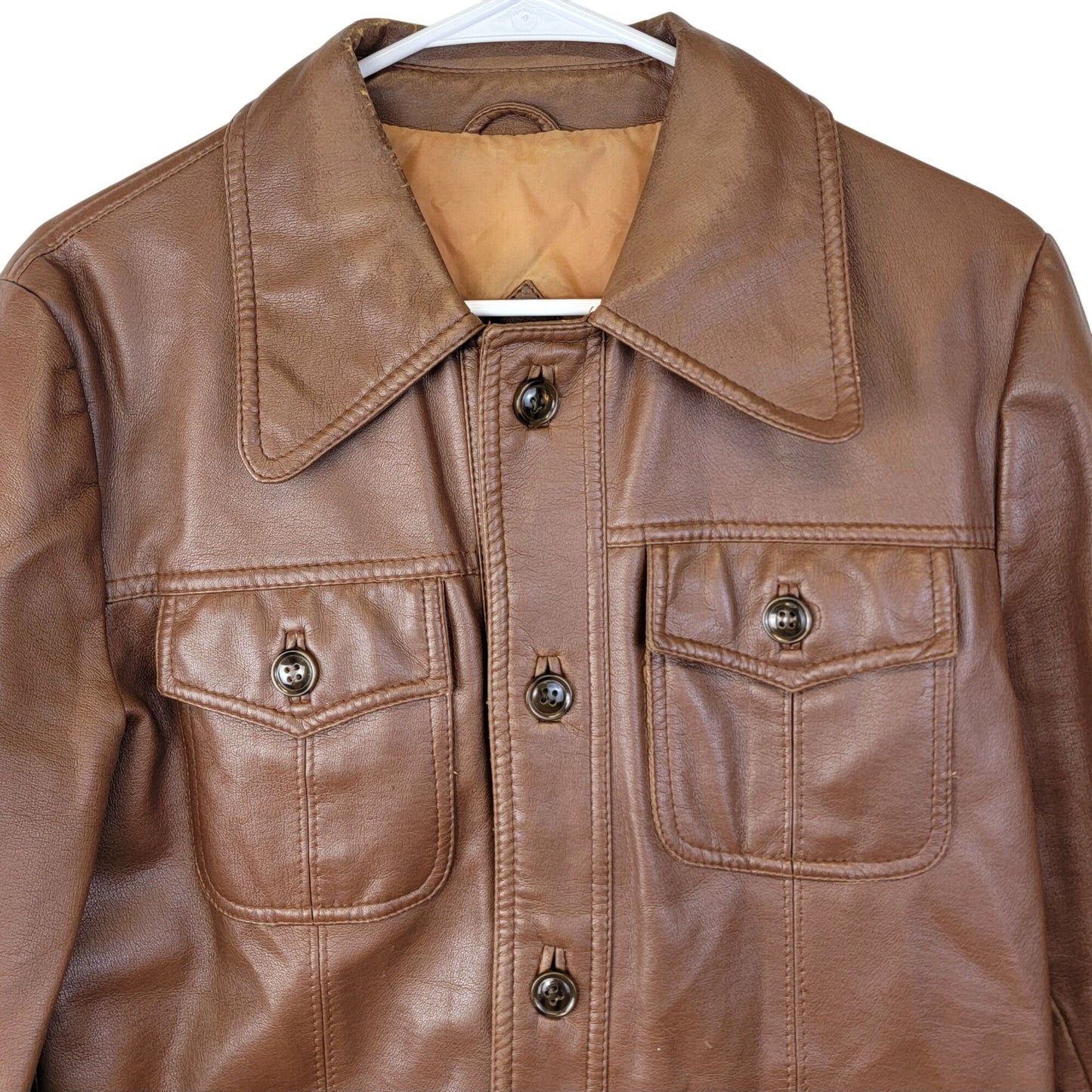 Vintage 70s Vegan Leather Jacket Men Small Brown Point Collar Casual Retro Fall