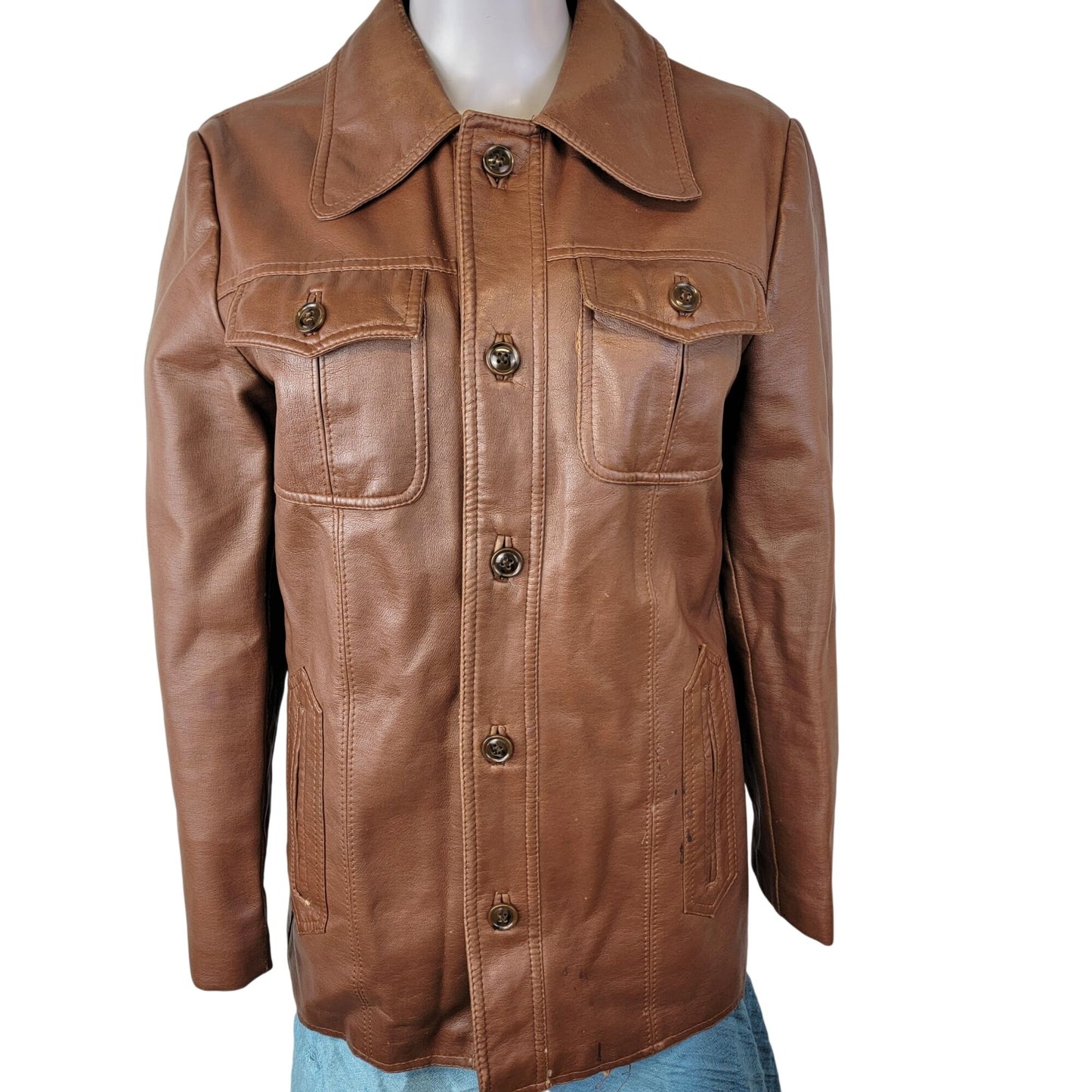 Vintage 70s Vegan Leather Jacket Men Small Brown Point Collar Casual Retro Fall