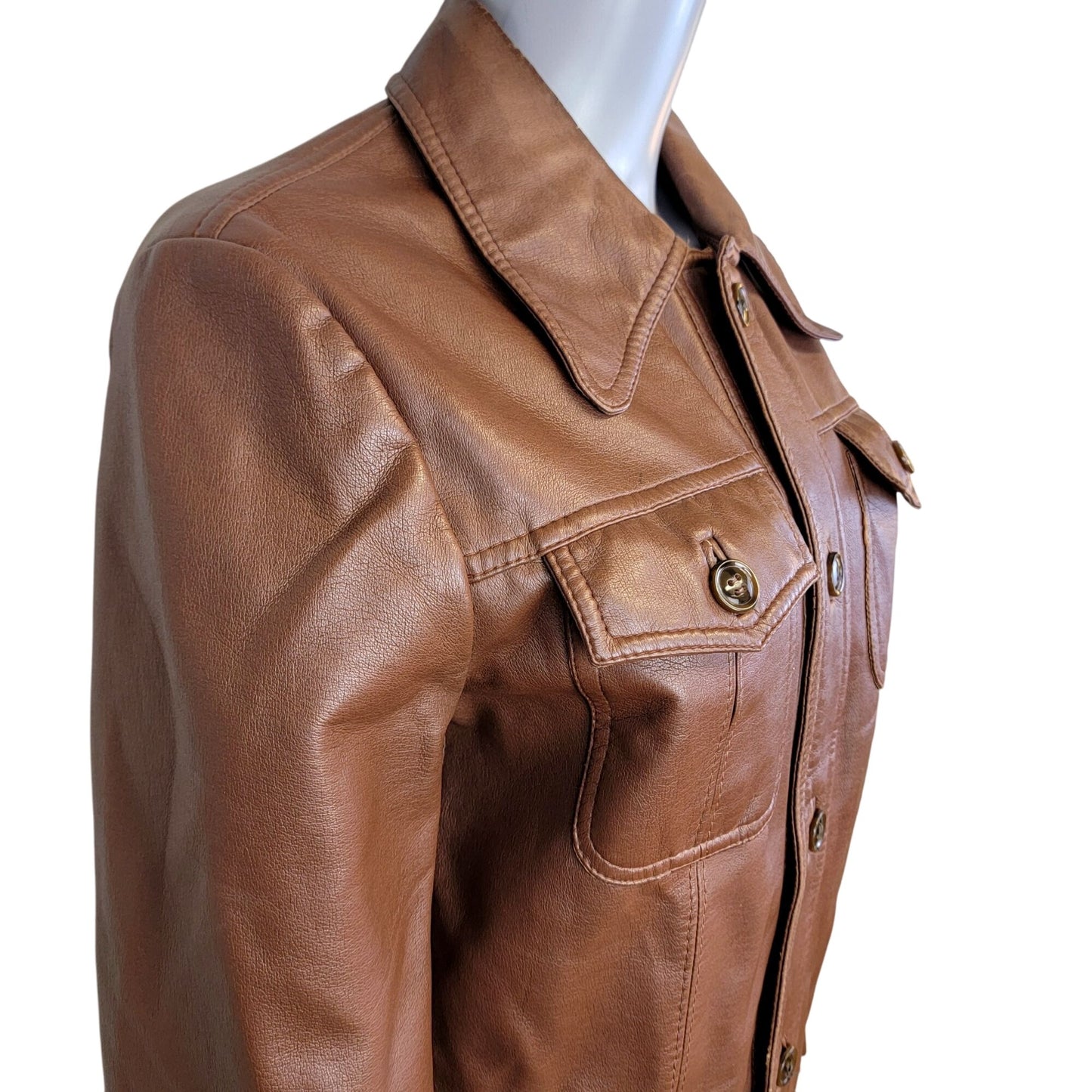 Vintage 70s Vegan Leather Jacket Men Small Brown Point Collar Casual Retro Fall