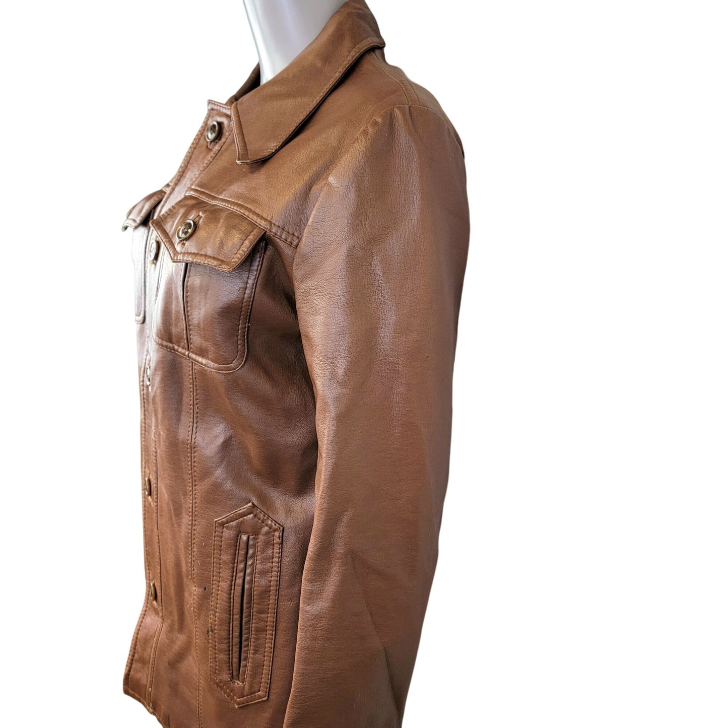 Vintage 70s Vegan Leather Jacket Men Small Brown Point Collar Casual Retro Fall
