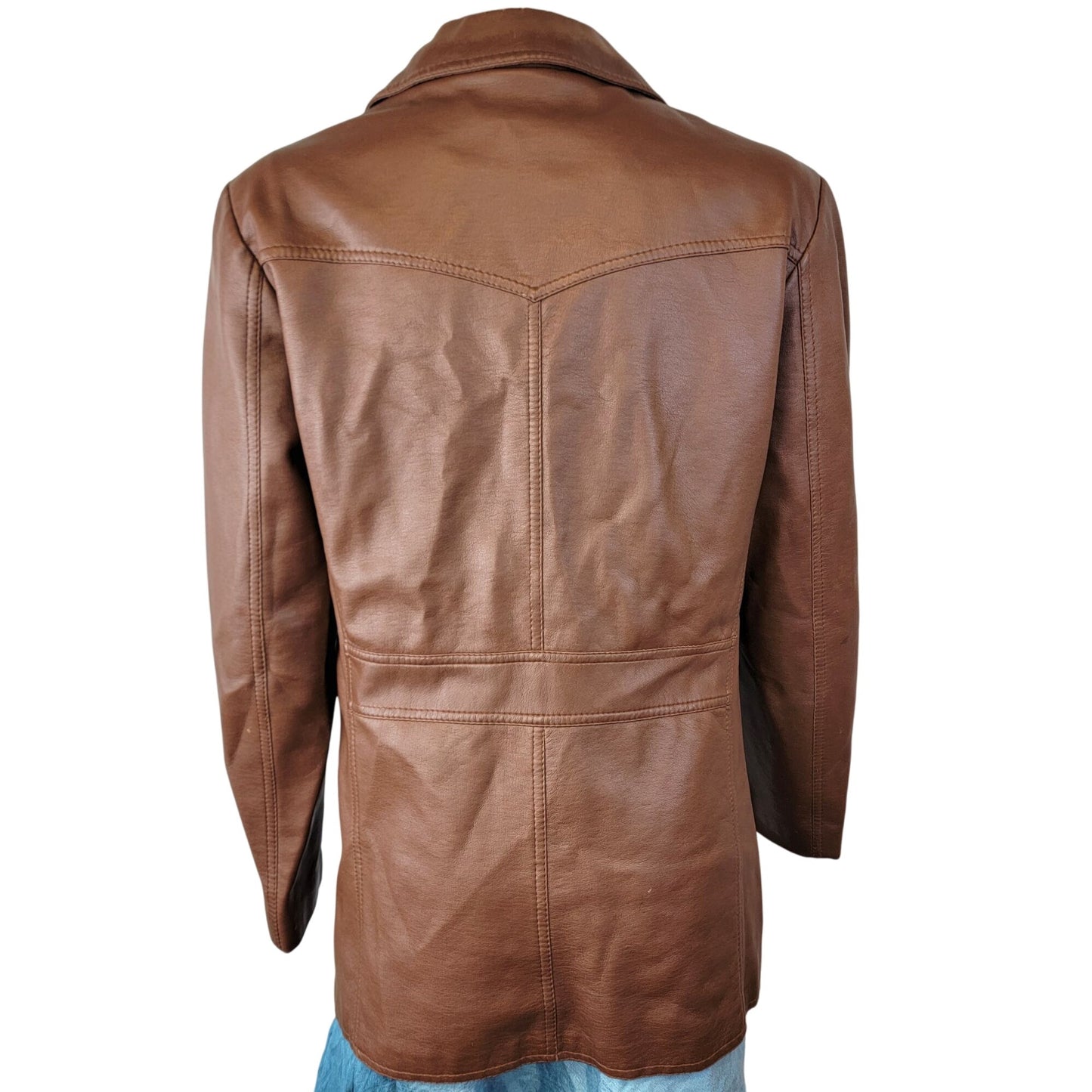 Vintage 70s Vegan Leather Jacket Men Small Brown Point Collar Casual Retro Fall
