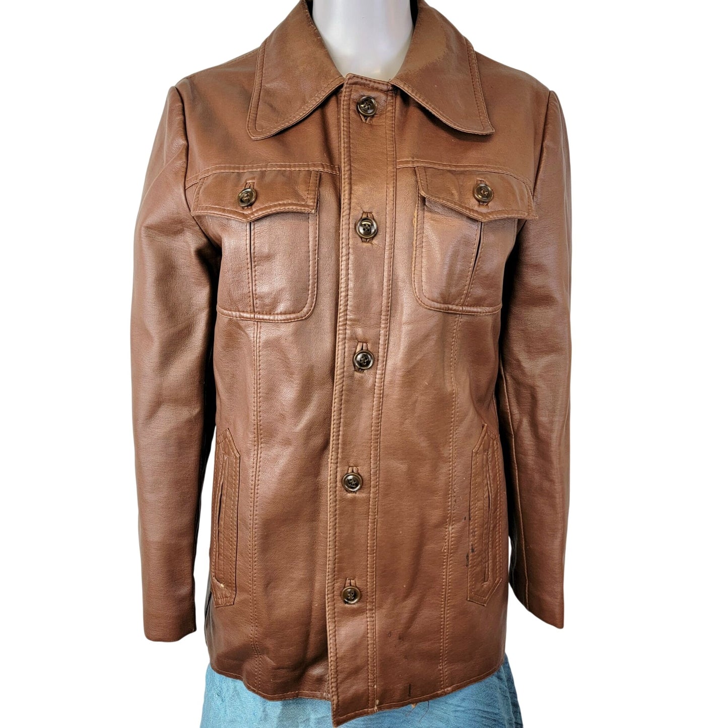 Vintage 70s Vegan Leather Jacket Men Small Brown Point Collar Casual Retro Fall