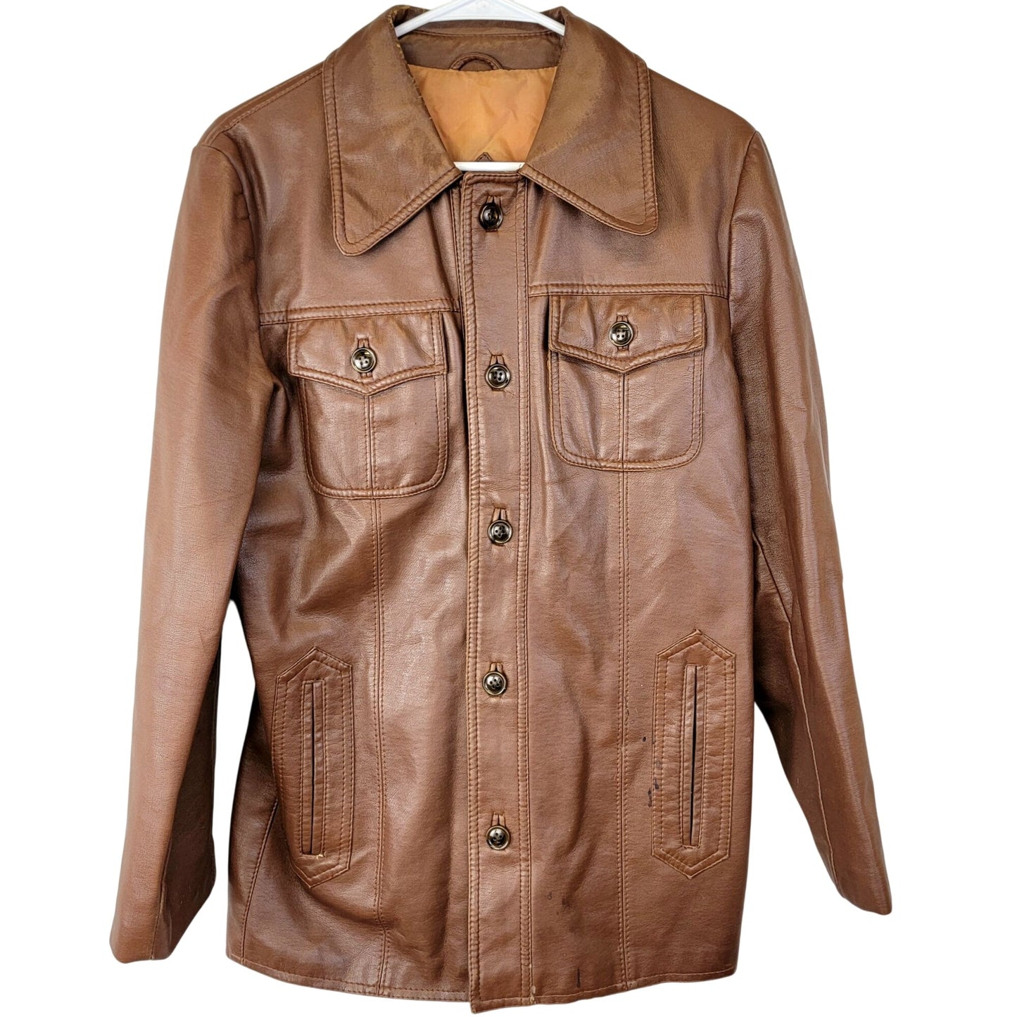 Vintage 70s Vegan Leather Jacket Men Small Brown Point Collar Casual Retro Fall