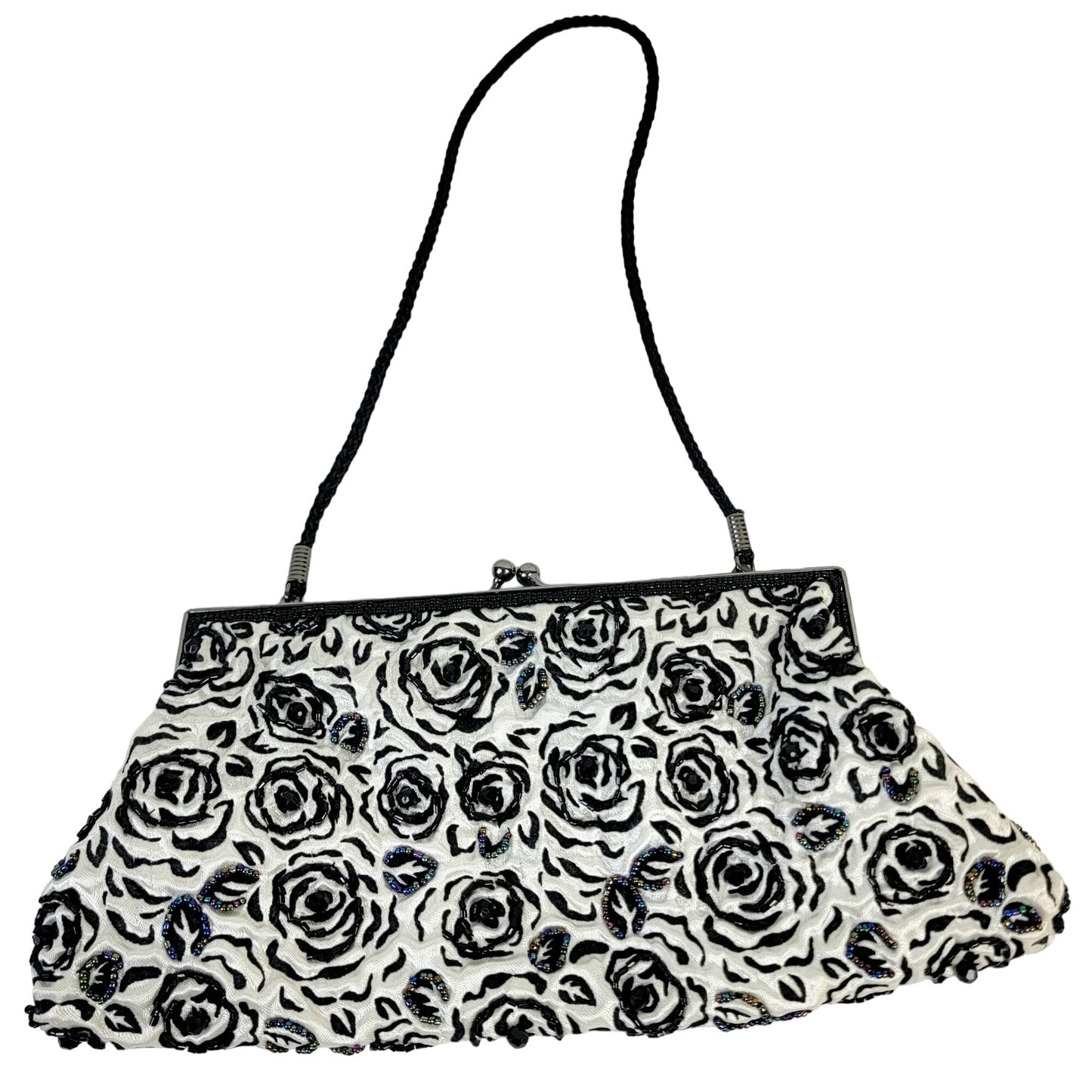 Lancome Iridescent Beaded Floral Brocade Clutch Bag Purse Black White