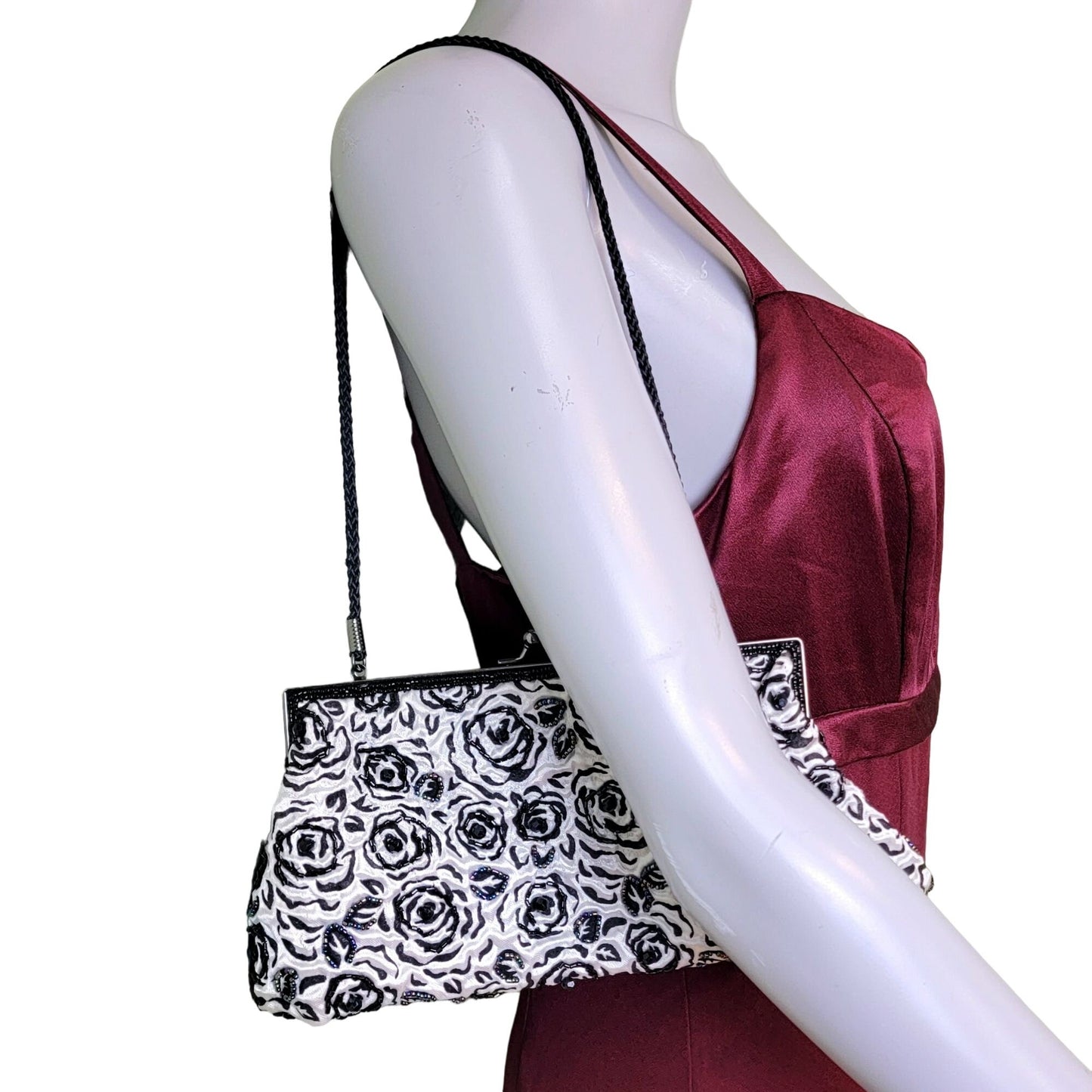 Lancome Iridescent Beaded Floral Brocade Clutch Bag Purse Black White
