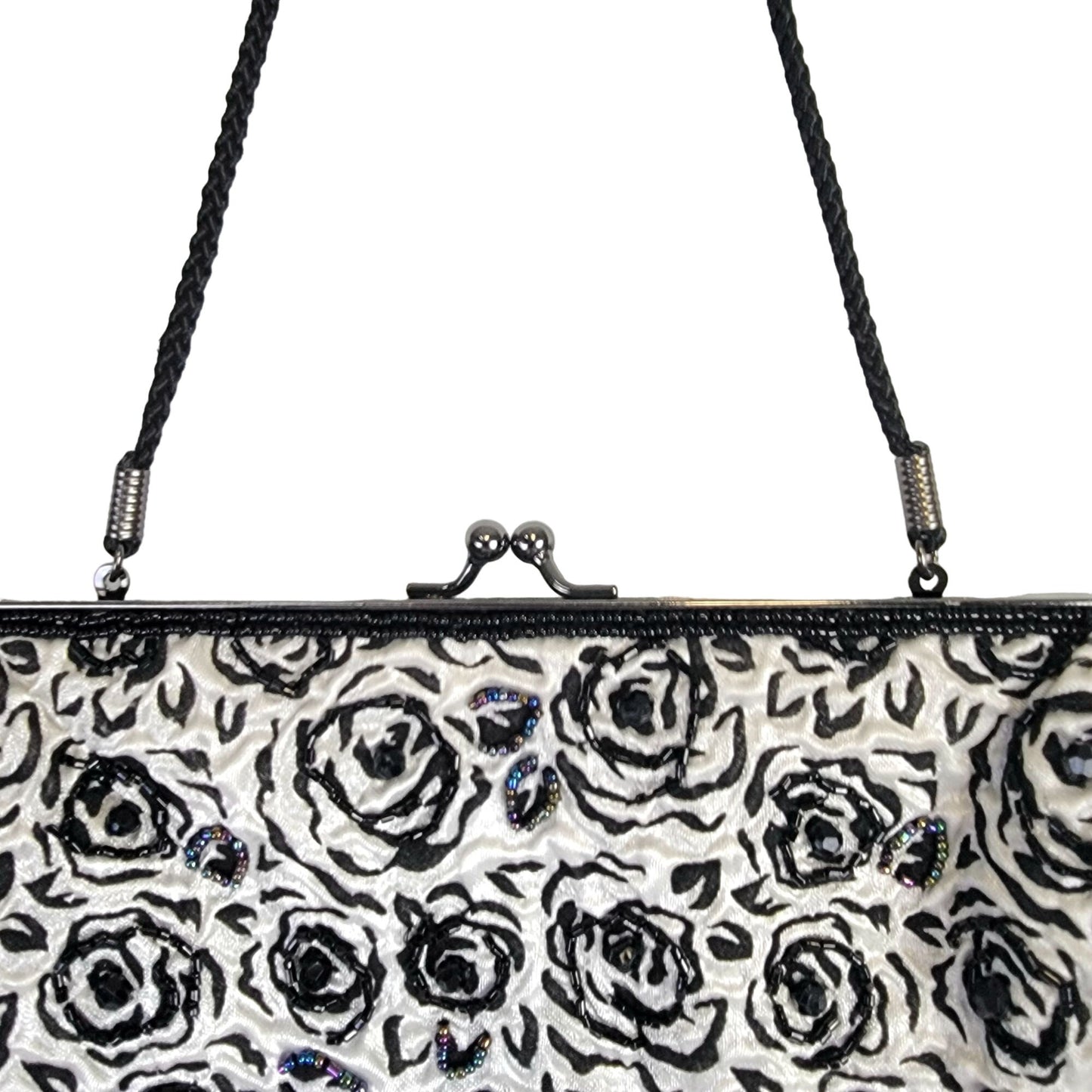 Lancome Iridescent Beaded Floral Brocade Clutch Bag Purse Black White