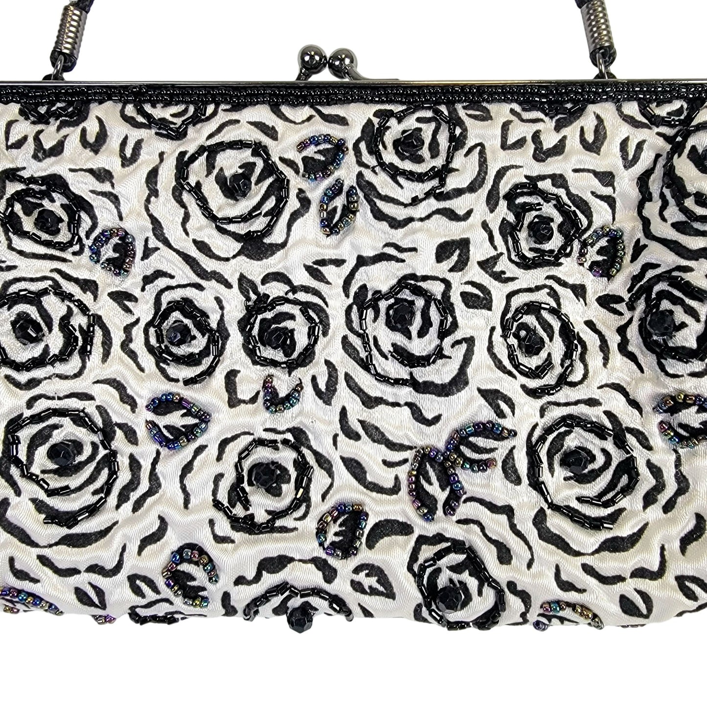 Lancome Iridescent Beaded Floral Brocade Clutch Bag Purse Black White