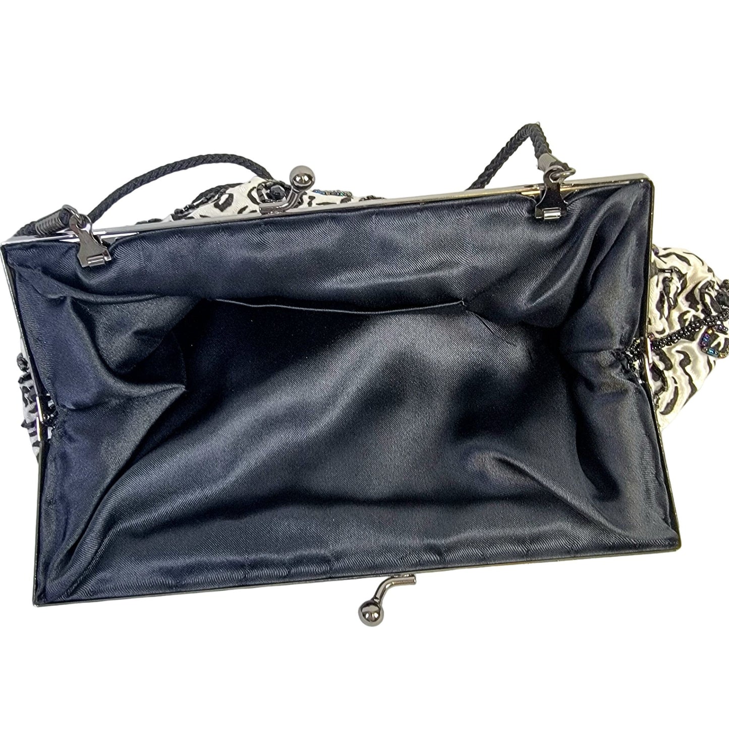 Lancome Iridescent Beaded Floral Brocade Clutch Bag Purse Black White
