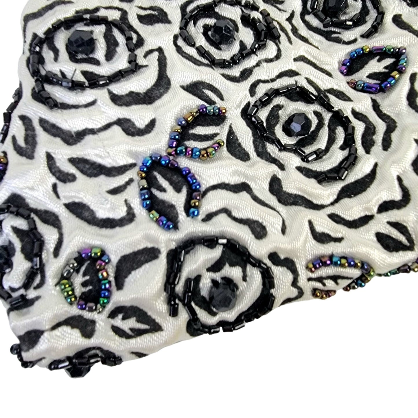 Lancome Iridescent Beaded Floral Brocade Clutch Bag Purse Black White