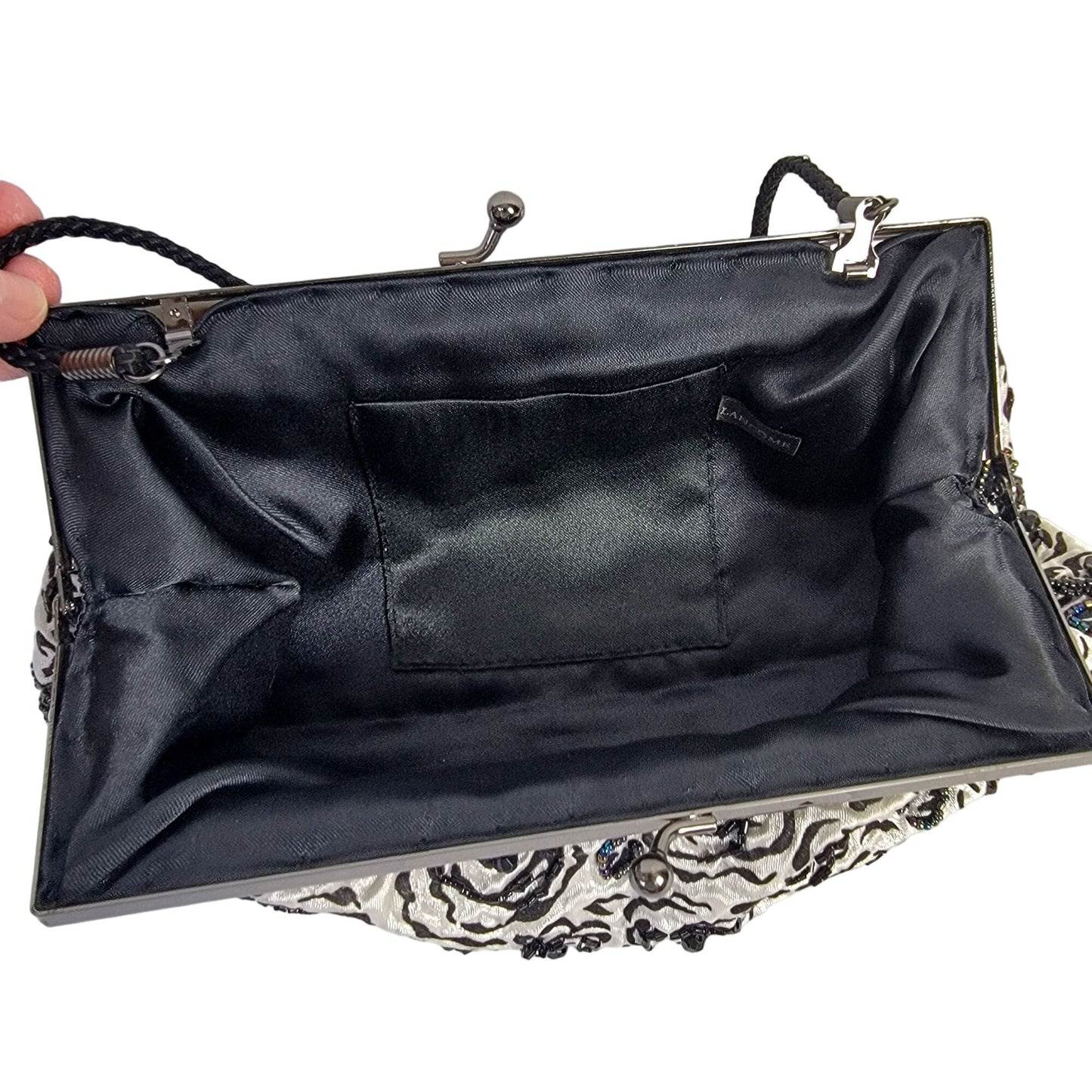 Lancome Iridescent Beaded Floral Brocade Clutch Bag Purse Black White