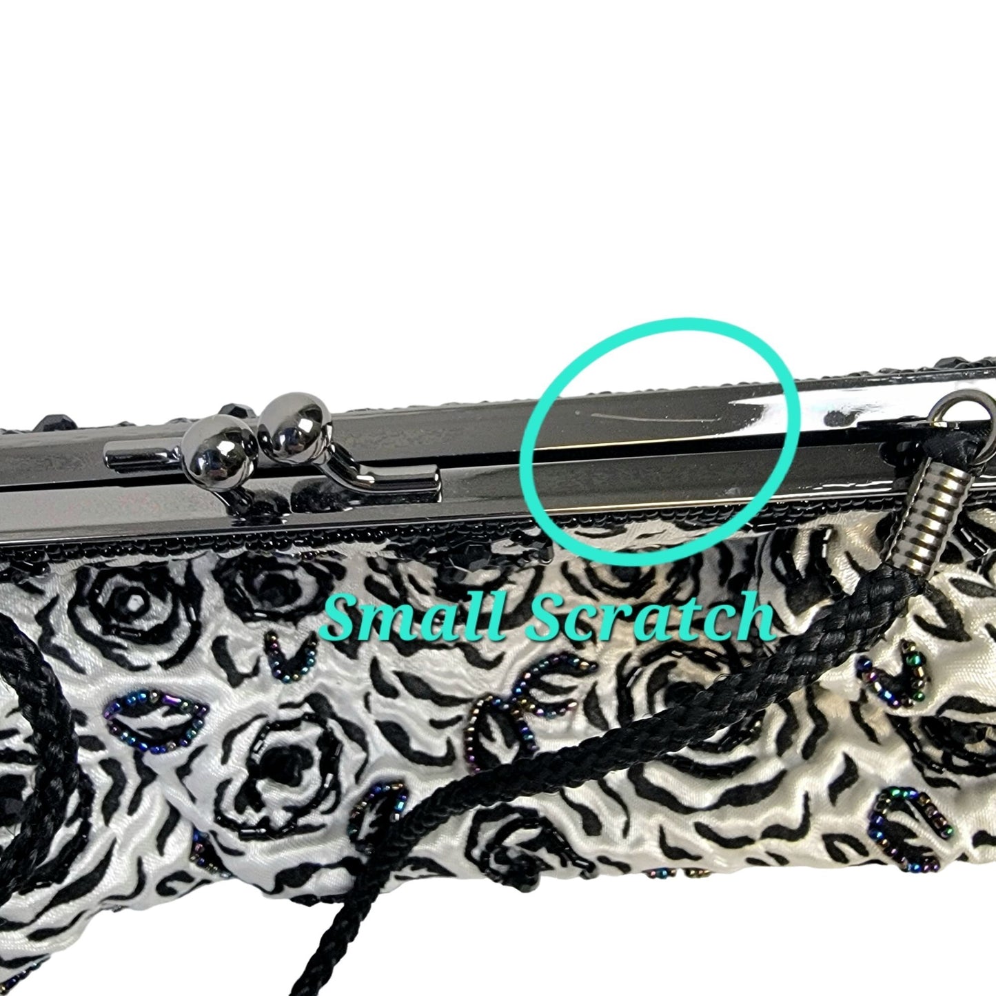 Lancome Iridescent Beaded Floral Brocade Clutch Bag Purse Black White