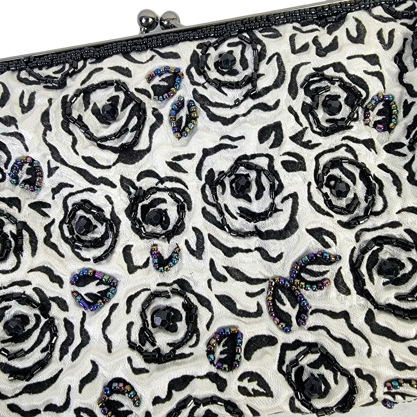 Lancome Iridescent Beaded Floral Brocade Clutch Bag Purse Black White
