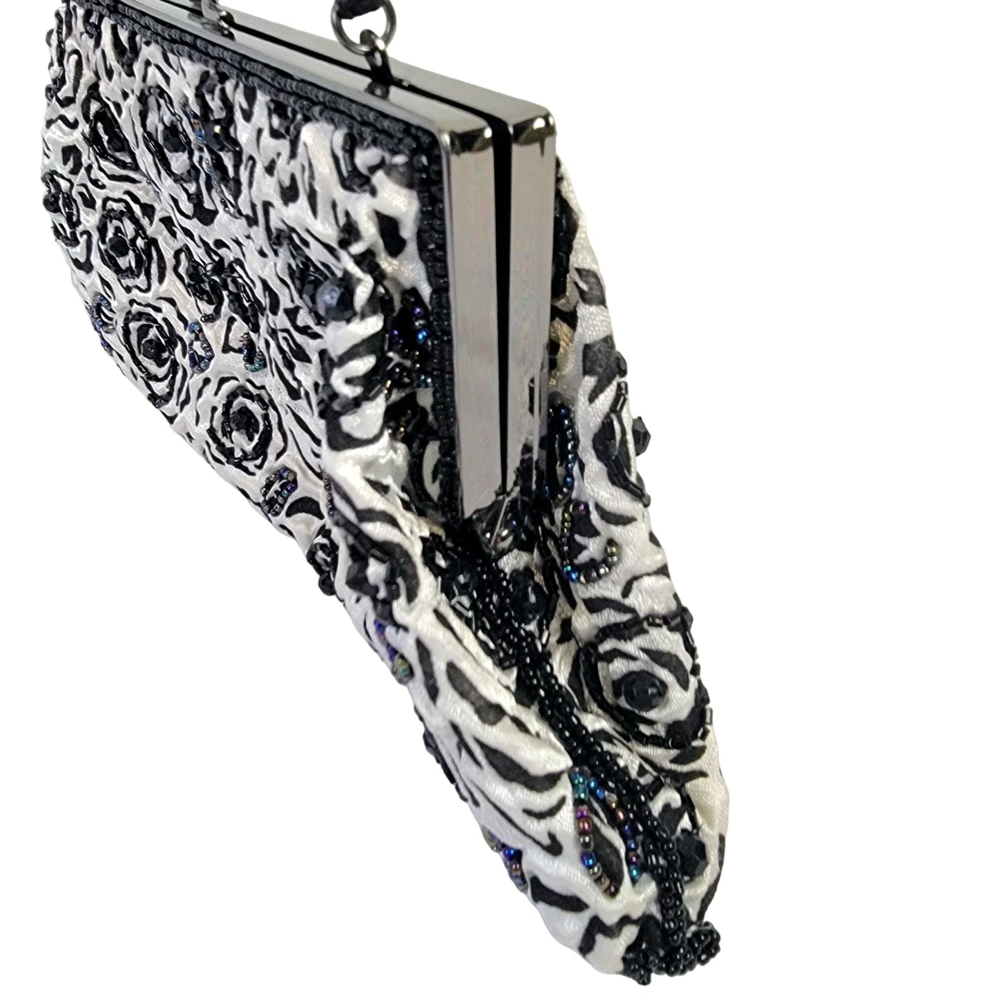 Lancome Iridescent Beaded Floral Brocade Clutch Bag Purse Black White