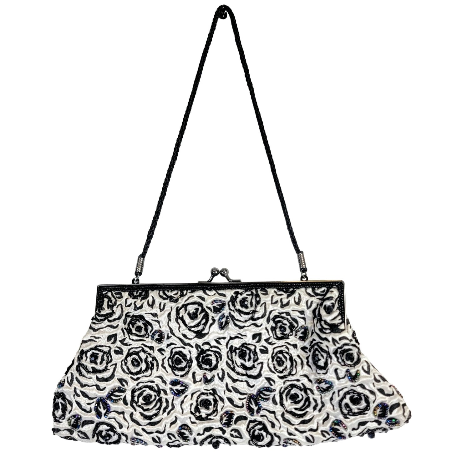 Lancome Iridescent Beaded Floral Brocade Clutch Bag Purse Black White