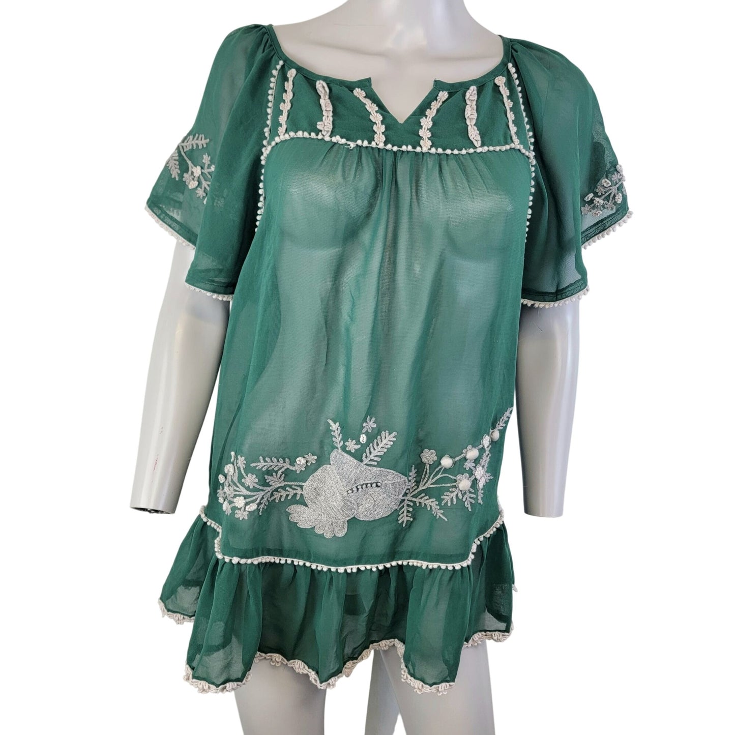 Vintage 90s Sheer Mini Dress Tunic Top Women Small Green Chiffon