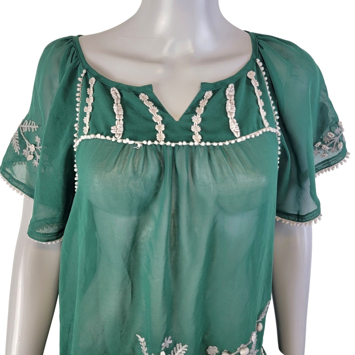 Vintage 90s Sheer Mini Dress Tunic Top Women Small Green Chiffon