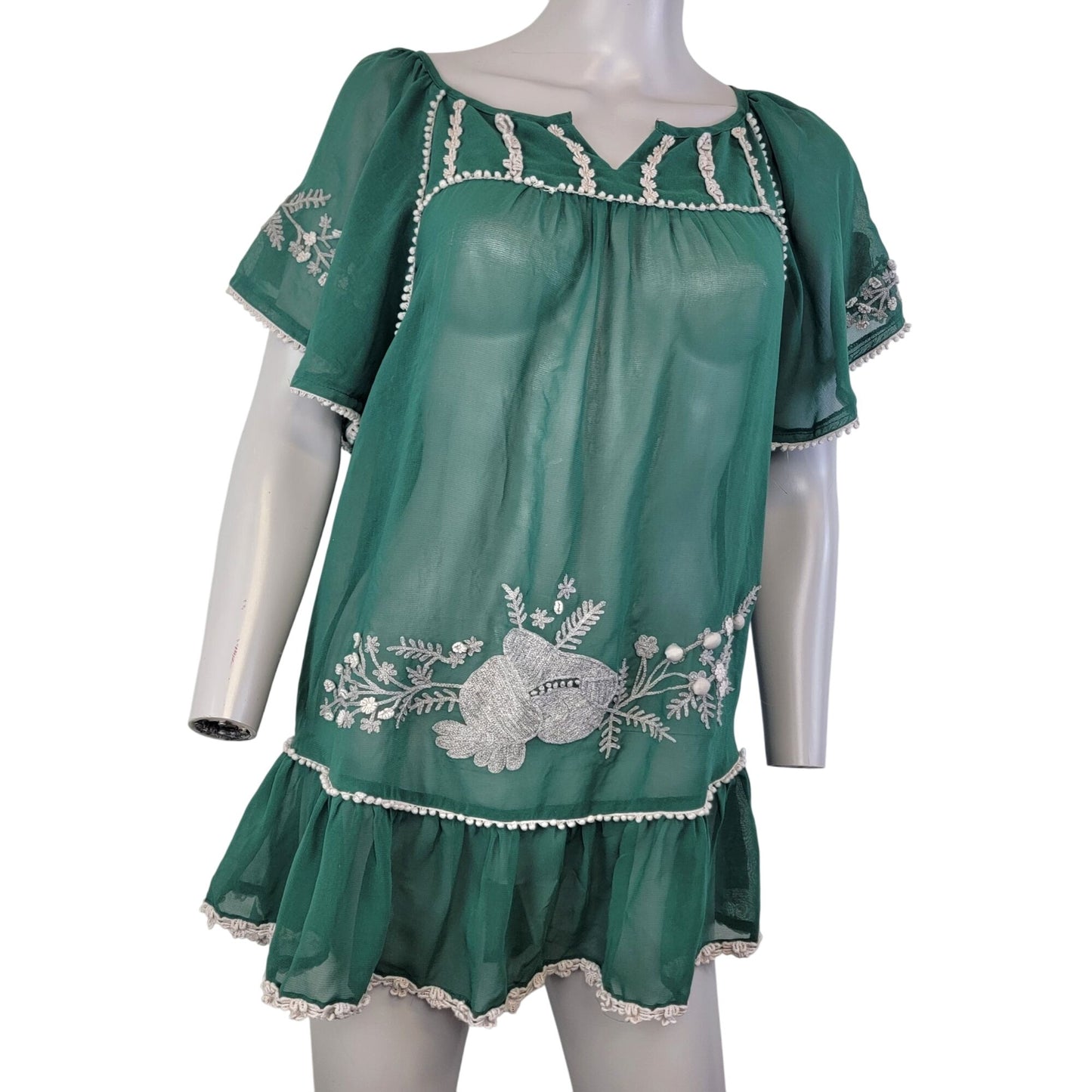 Vintage 90s Sheer Mini Dress Tunic Top Women Small Green Chiffon