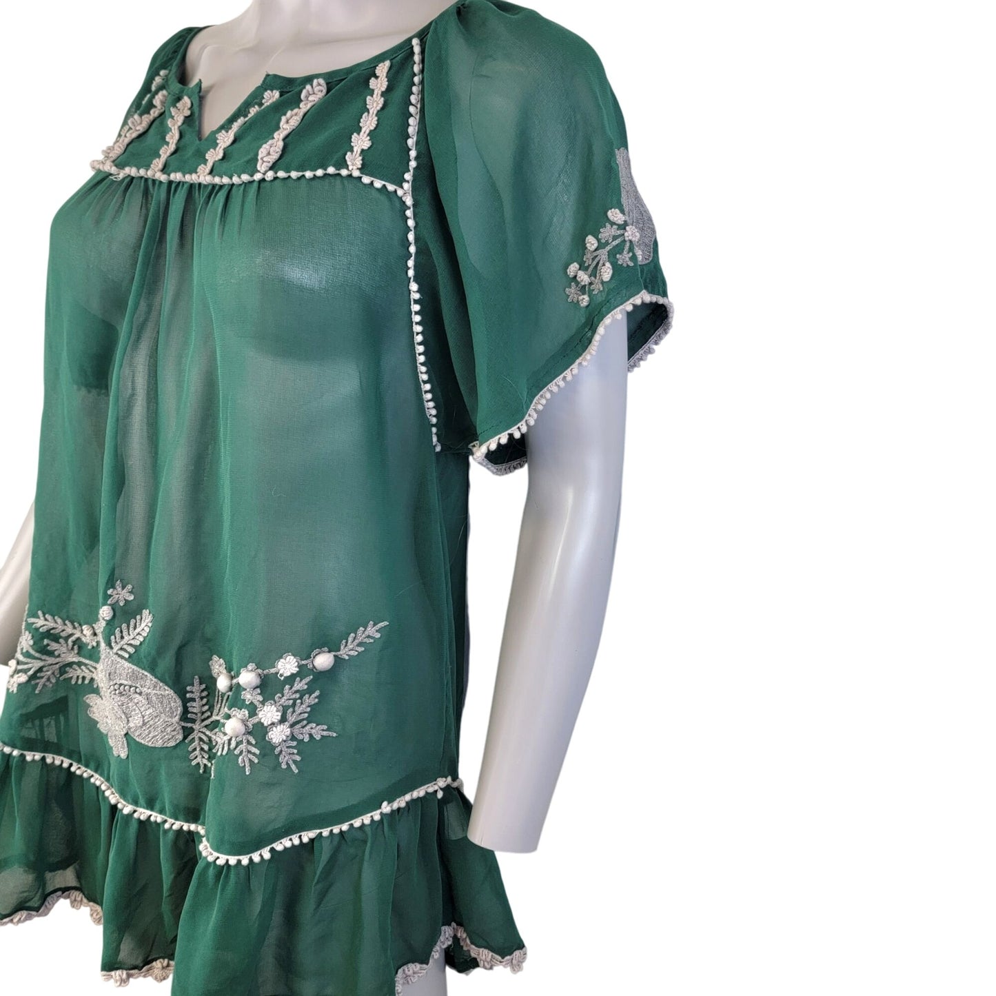 Vintage 90s Sheer Mini Dress Tunic Top Women Small Green Chiffon