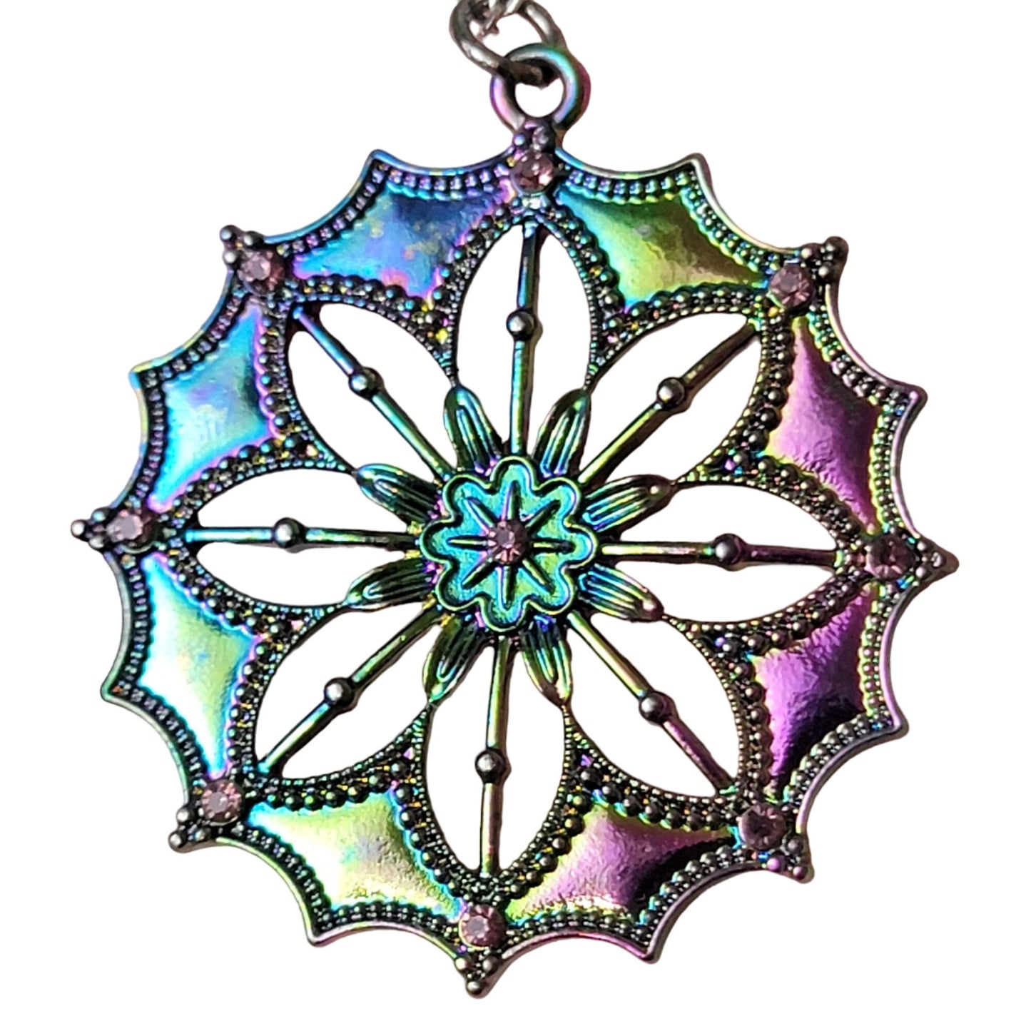 Iridescent Mandala Necklace Silver Tone Adjustable Chain Women Jewelry