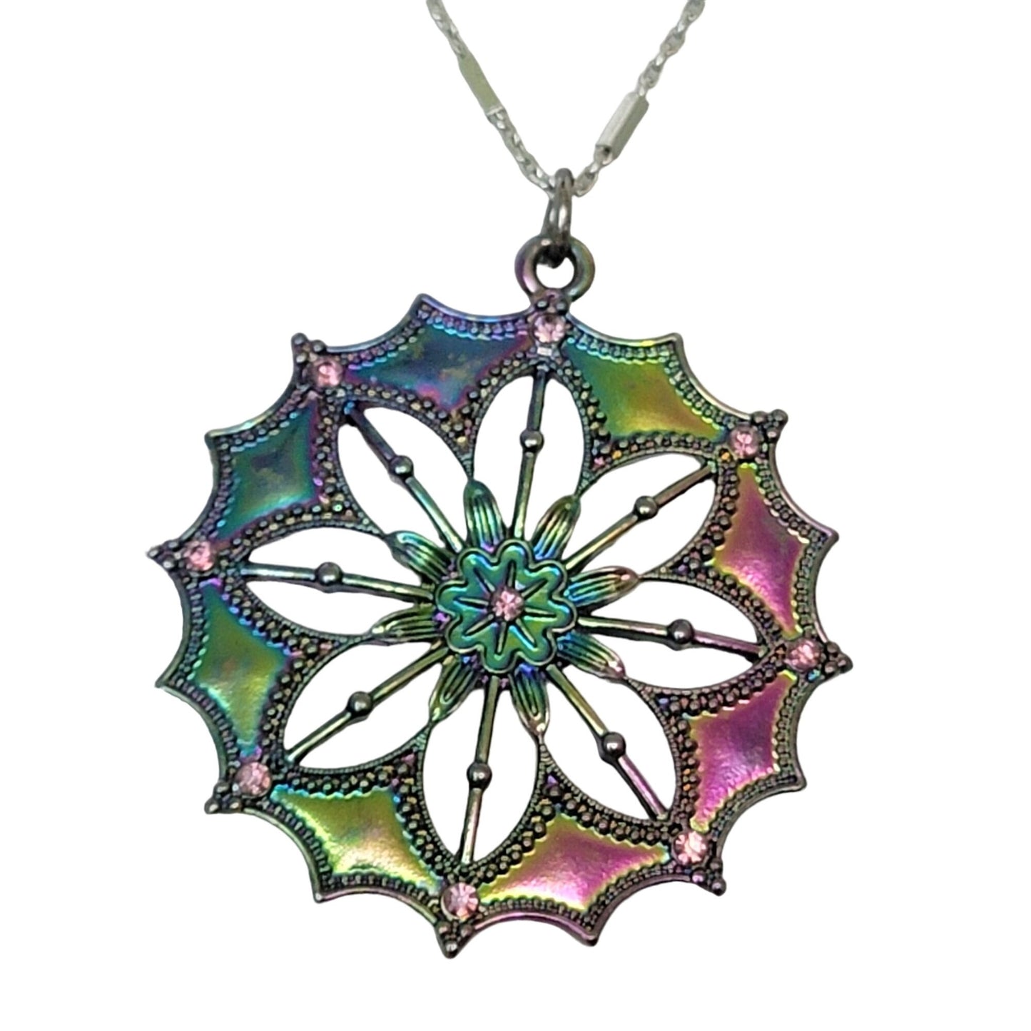 Iridescent Mandala Necklace Silver Tone Adjustable Chain Women Jewelry