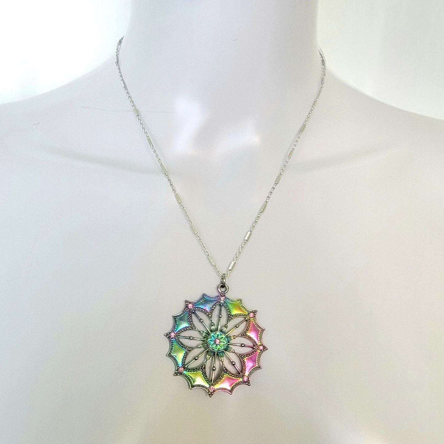 Iridescent Mandala Necklace Silver Tone Adjustable Chain Women Jewelry