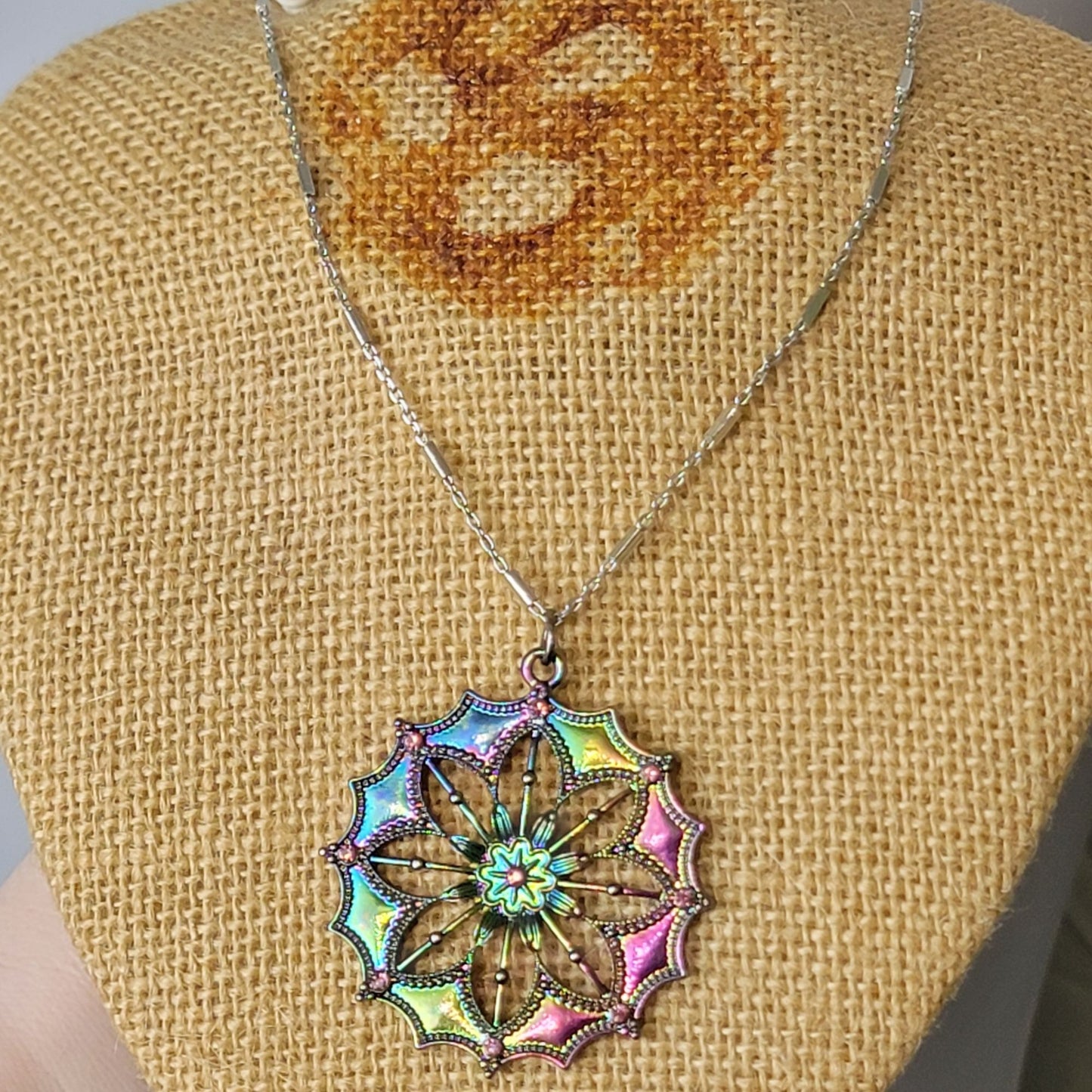 Iridescent Mandala Necklace Silver Tone Adjustable Chain Women Jewelry