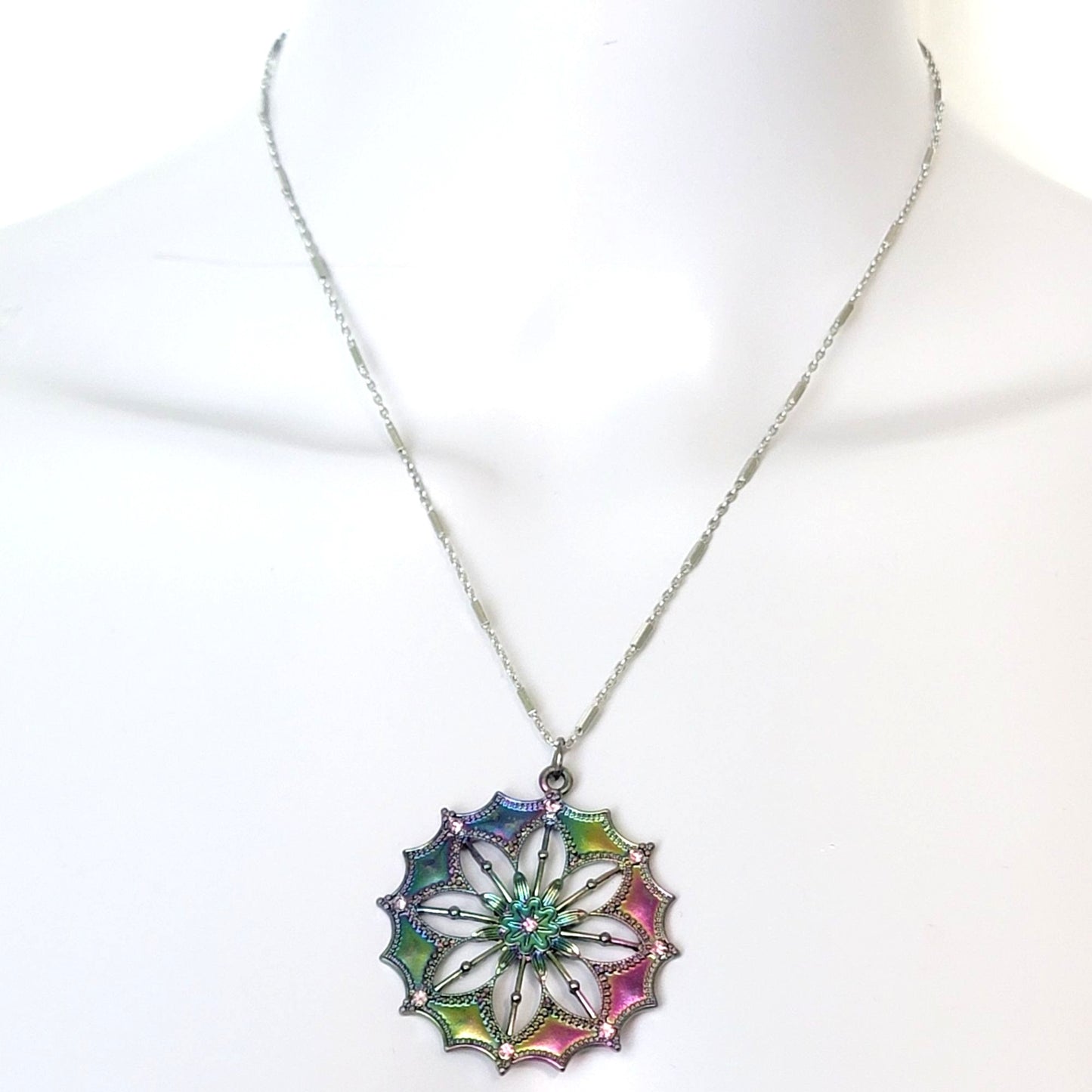 Iridescent Mandala Necklace Silver Tone Adjustable Chain Women Jewelry