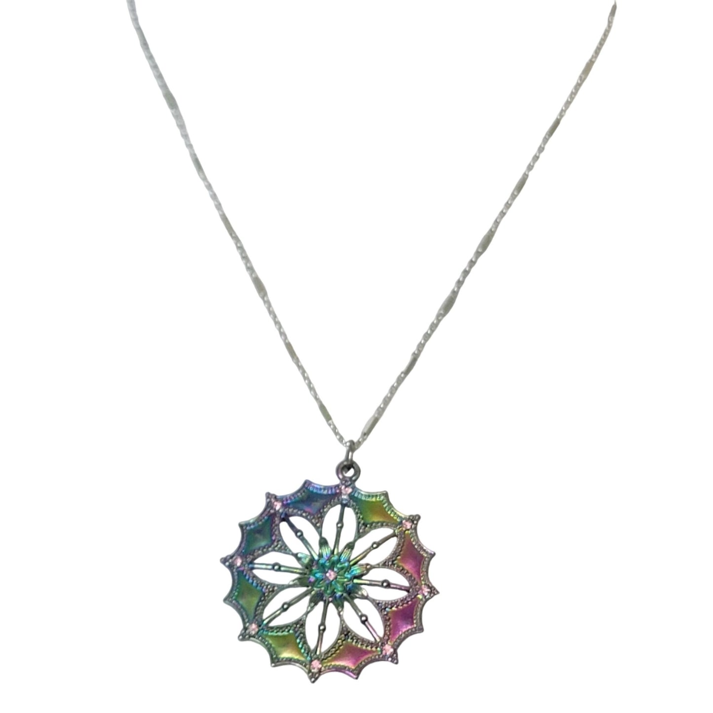 Iridescent Mandala Necklace Silver Tone Adjustable Chain Women Jewelry