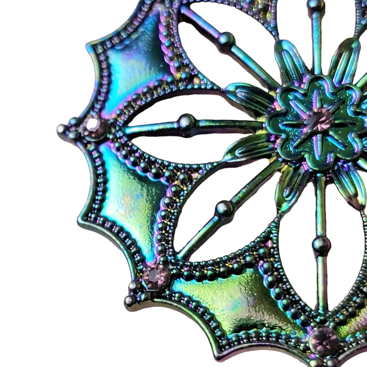 Iridescent Mandala Necklace Silver Tone Adjustable Chain Women Jewelry