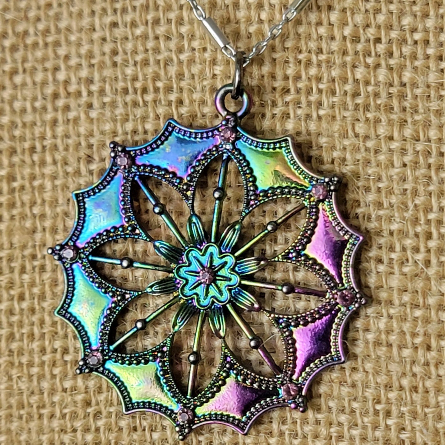 Iridescent Mandala Necklace Silver Tone Adjustable Chain Women Jewelry