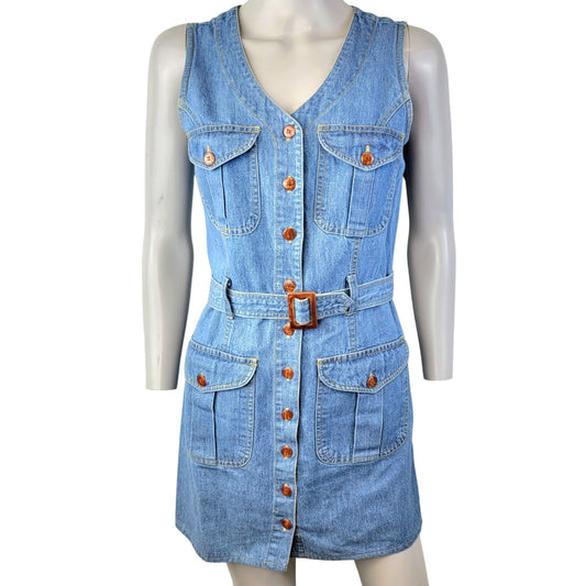 Vintage 90s Denim Mini Dress Women Small 6 Blue Button Up Belt Sleeveless Party