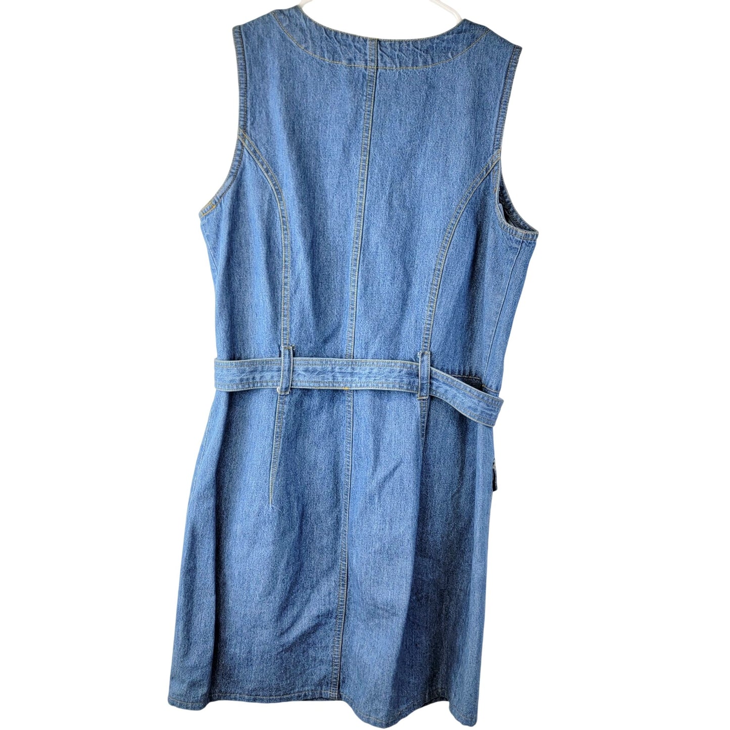 Vintage 90s Denim Mini Dress Women Small 6 Blue Button Up Belt Sleeveless Party