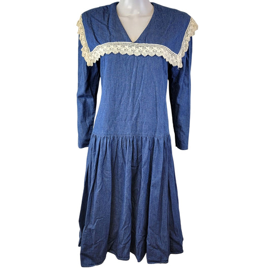 Gunne Sax Vintage 70s Denim Midi Dress Women Small Bib Lace Collar Formal Blue