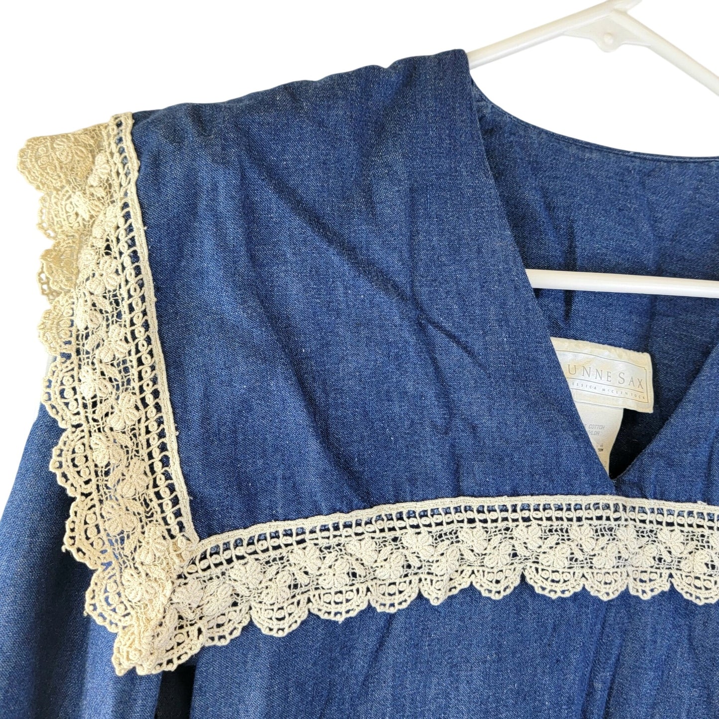 Gunne Sax Vintage 70s Denim Midi Dress Women Small Bib Lace Collar Formal Blue