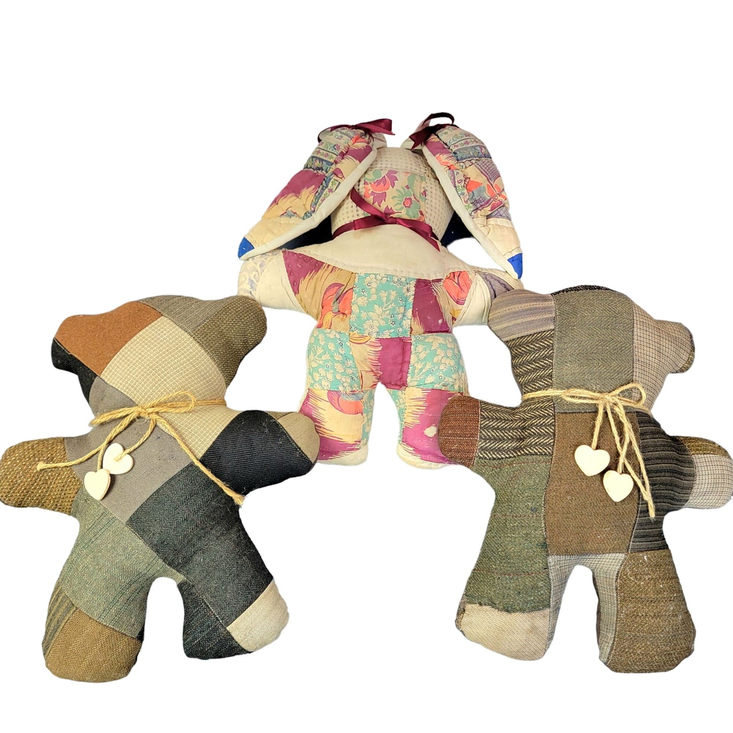 Vintage 70s Handmade Quilt Stuffed Animals Lot Child Bear Bunny Brown Pink Toys
