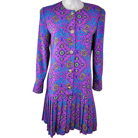 Vintage 80s Colorful Drop Waist Dress Women 10 Purple Blue Geometric Formal Fun