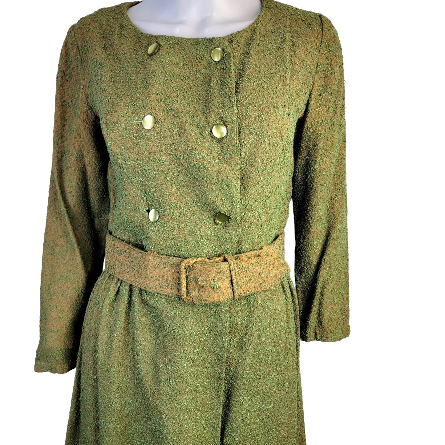 Vintage 50s Shirt Dress Women 8 Medium Green Orange Button Knee Length