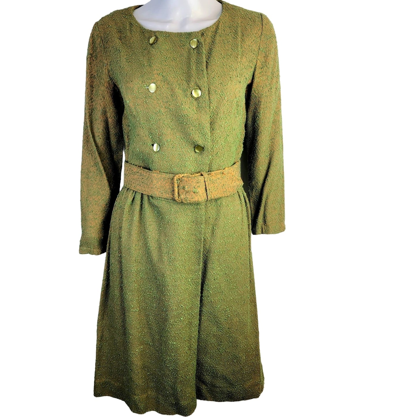 Vintage 50s Shirt Dress Women 8 Medium Green Orange Button Knee Length