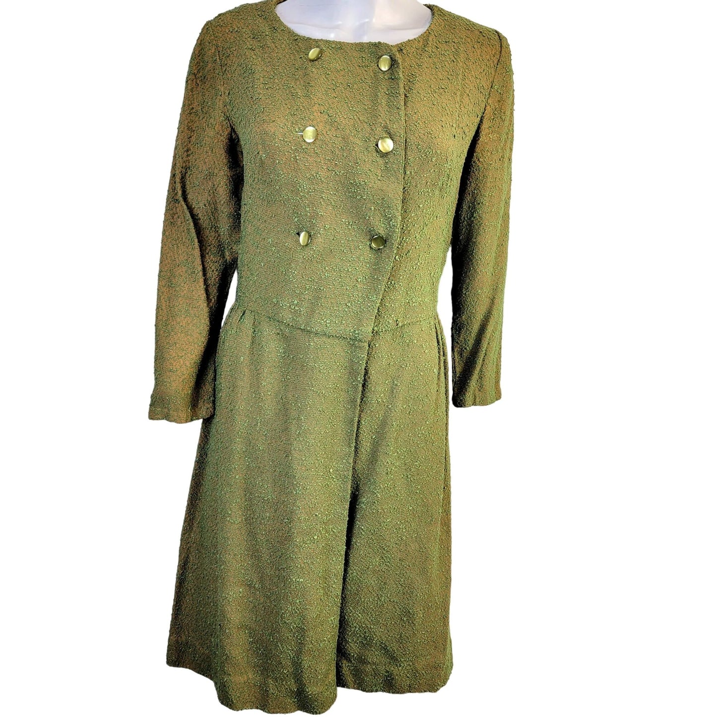 Vintage 50s Shirt Dress Women 8 Medium Green Orange Button Knee Length