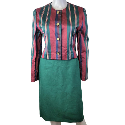 Vintage 90s Suit Set Women Small 4 6 Stripe Blazer Jacket Midi Skirt Green Blue