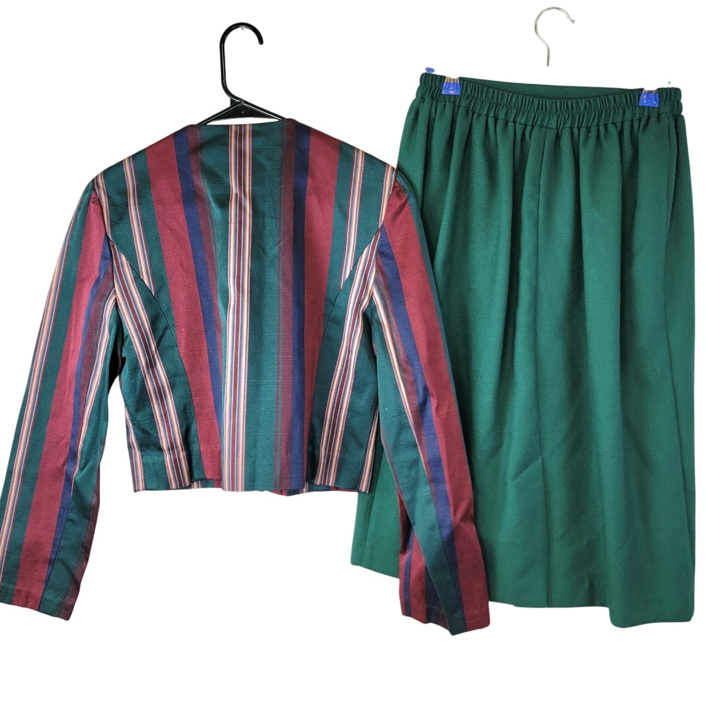 Vintage 90s Suit Set Women Small 4 6 Stripe Blazer Jacket Midi Skirt Green Blue