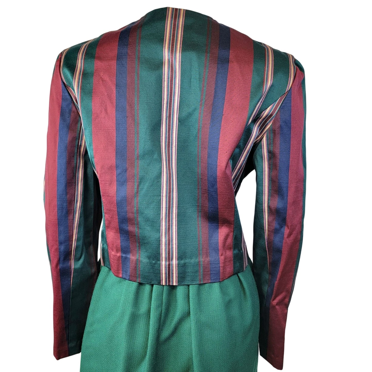 Vintage 90s Suit Set Women Small 4 6 Stripe Blazer Jacket Midi Skirt Green Blue