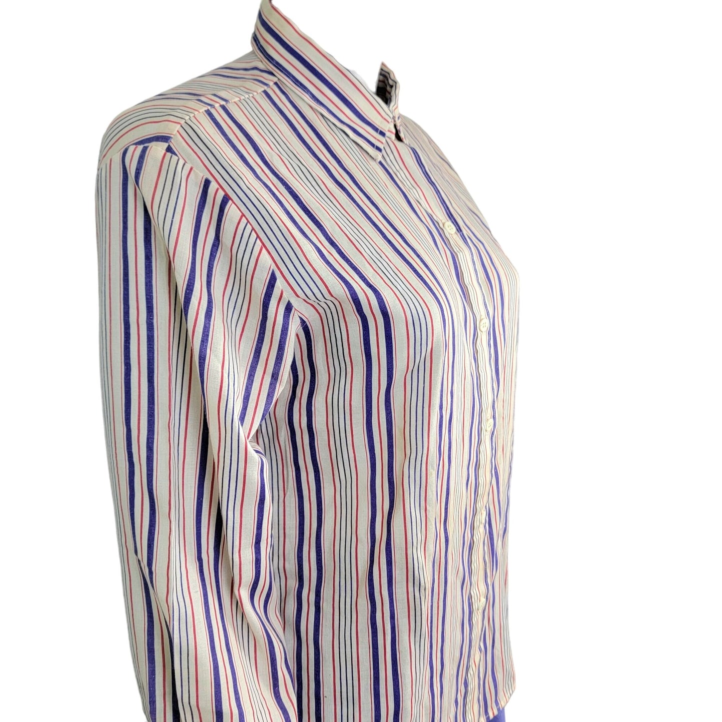 Vintage 70s Stripe Shirt Women Medium Button Blouse Red Blue Beige