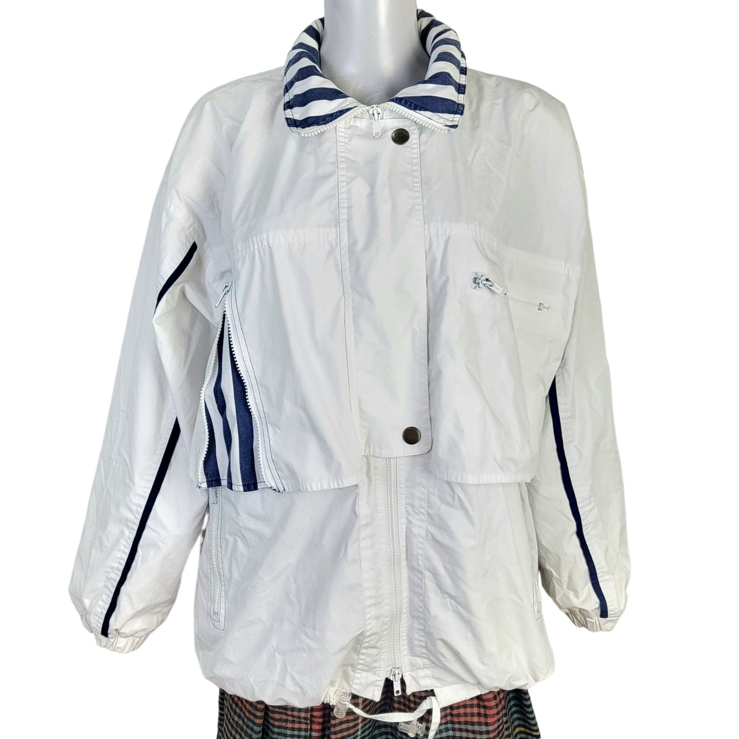 London Fog Vintage 80s Utility Jacket Women Large Hood Outdoors Coat White Blue