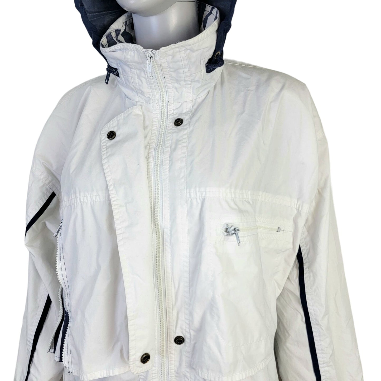 London Fog Vintage 80s Utility Jacket Women Large Hood Outdoors Coat White Blue