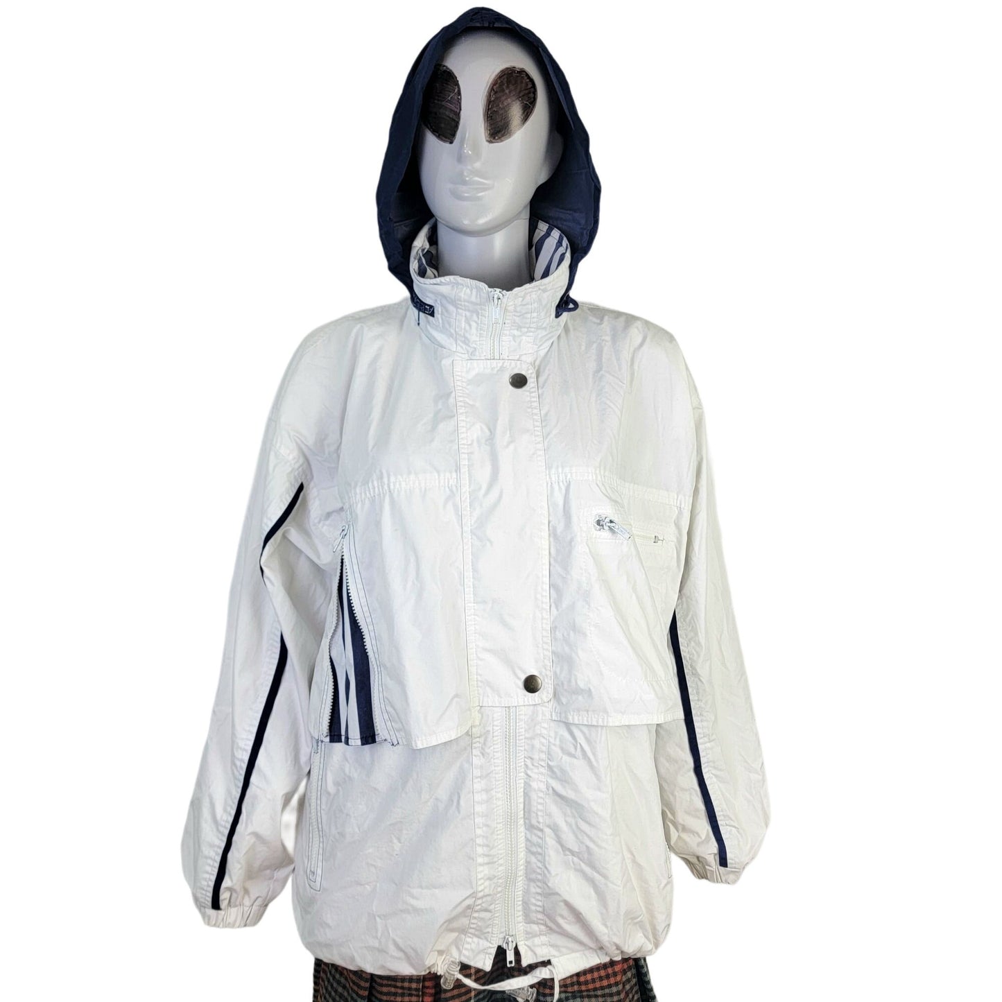 London Fog Vintage 80s Utility Jacket Women Large Hood Outdoors Coat White Blue
